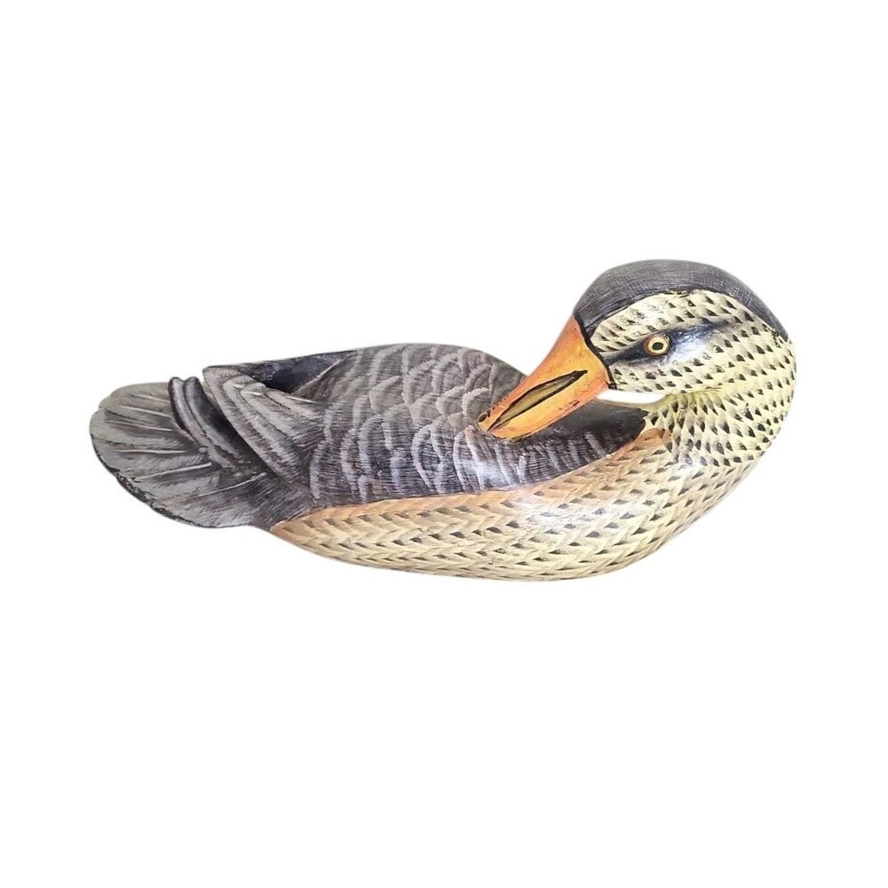 12" Mallard Duck Gray Yellow Carved Wood Sculpture Home Decor